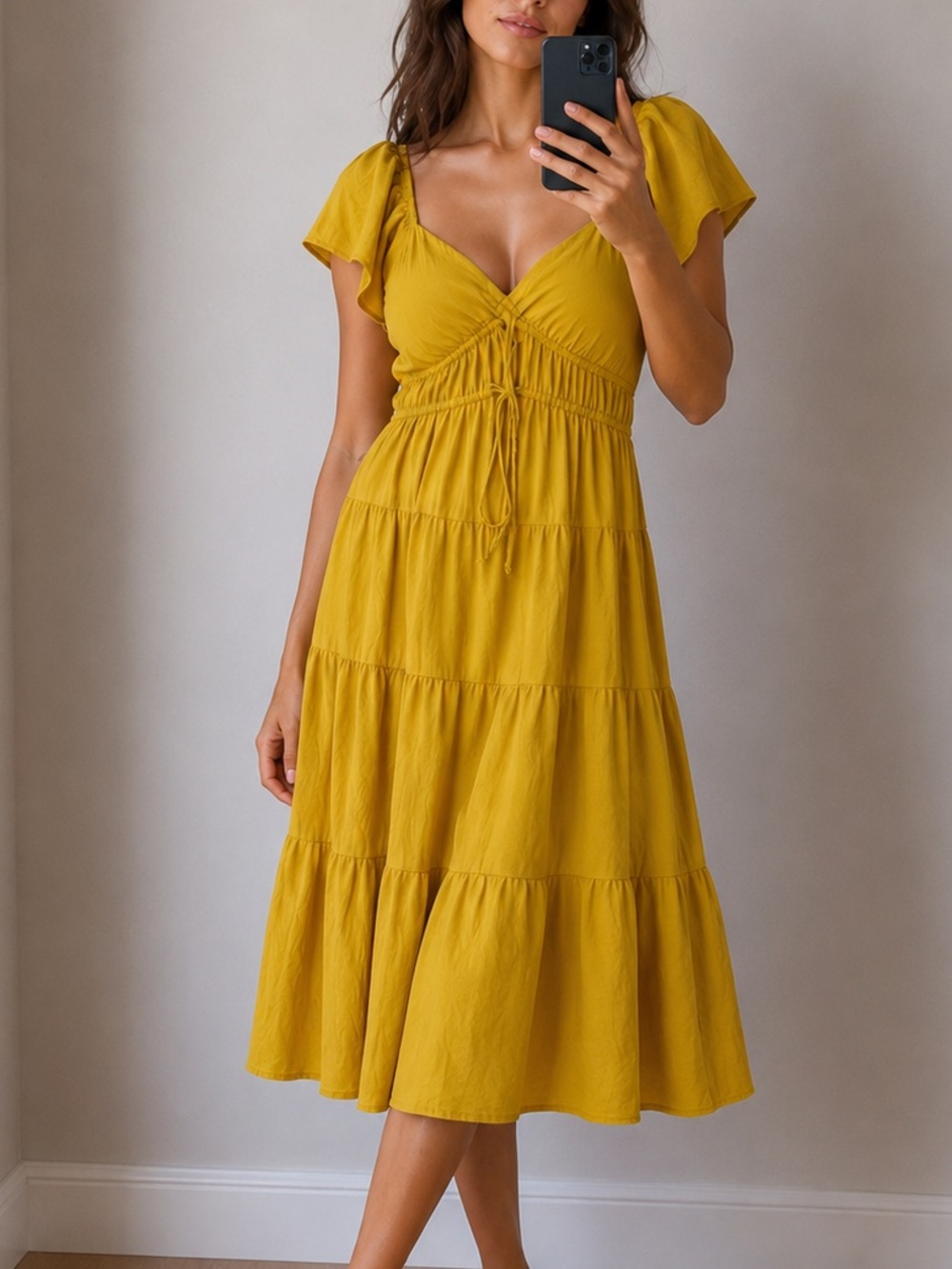 Eloquii Yellow Midi Dress Size 14 L/XL Tiered Boho Flutter Sleeve Rayon Blend - Picture 10 of 10